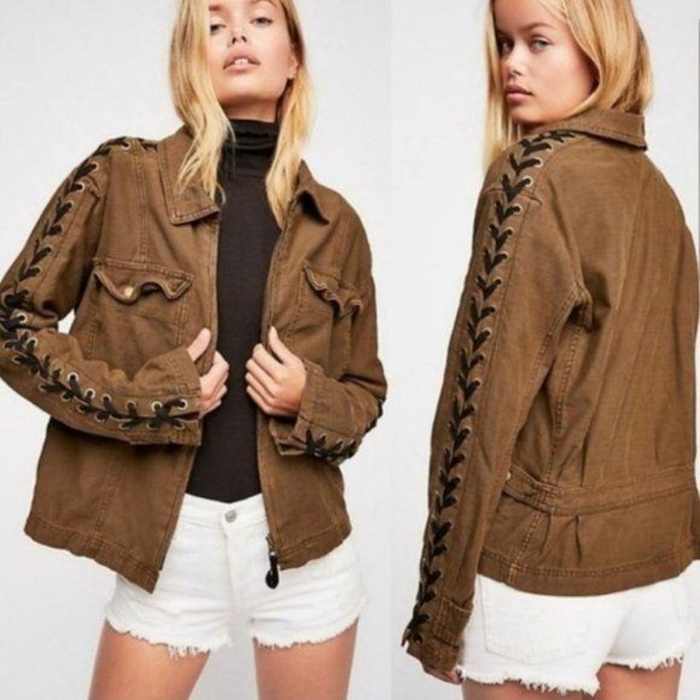 Free People Faye lace military olive jacket XS